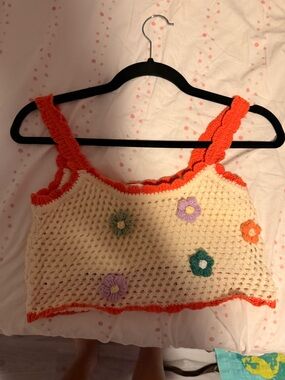 Callahan Cream Crochet Bandeau with Orange Trim and Multicolor Flowers